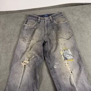 Vintage Time Grey Distressed Carpenter Jeans Embroidered Graphic Wide Leg 34x33